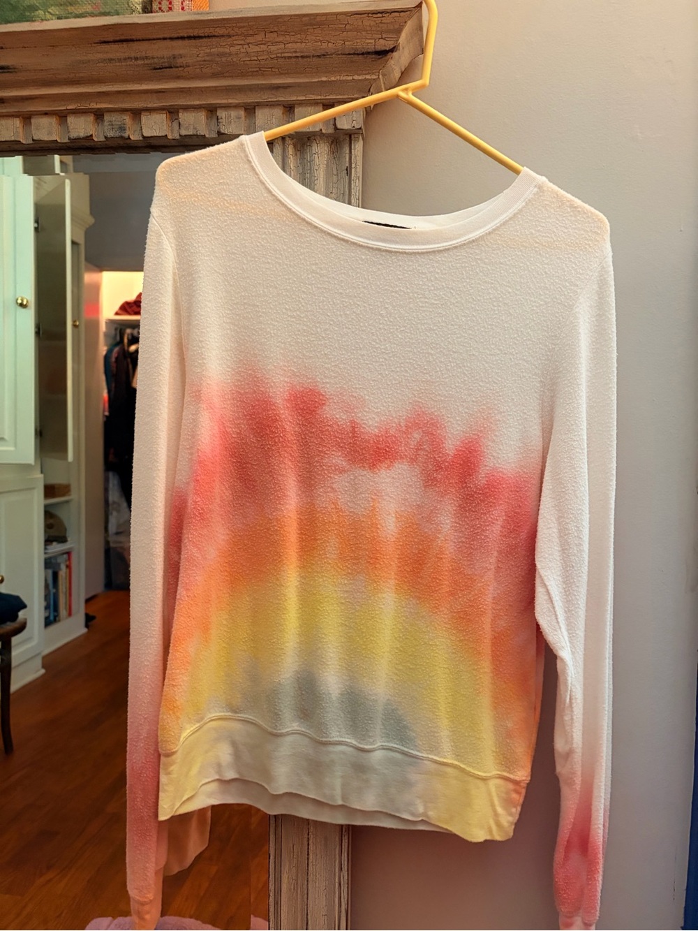 Wildfox White Tie-Dye Crewneck with Sunset Colors